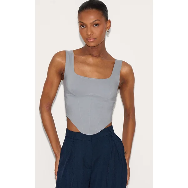 Light Grey Stretch Woven Square Neck Corset Top