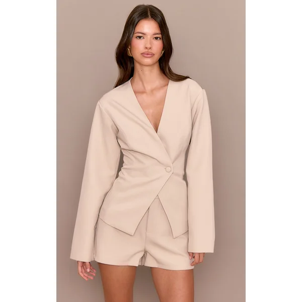 Light Grey Tailored Cinched Waist Asymmetric Blazer