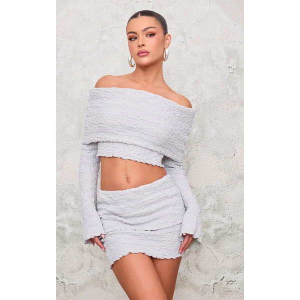 Light Grey Textured Fold Over Long Sleeve Top