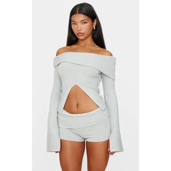 Light Grey Textured Knit Cut Out Foldover Bardot Top