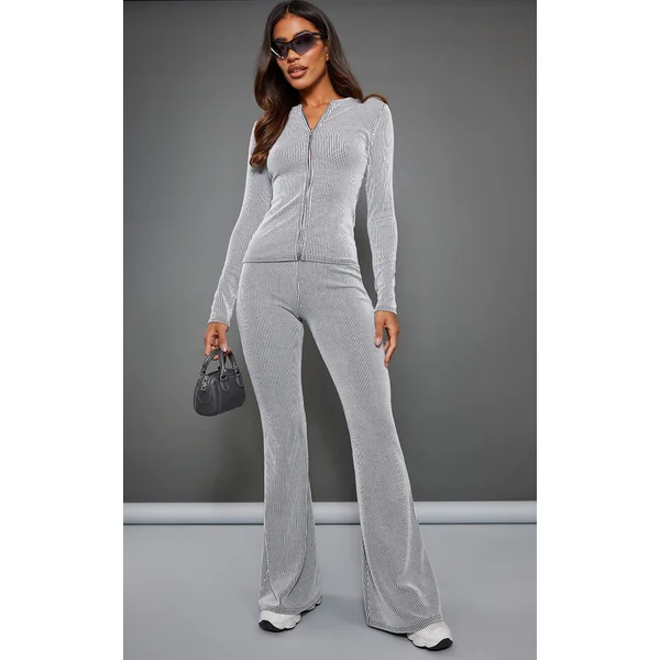 Light Grey Two Tone Rib High Waist Flares