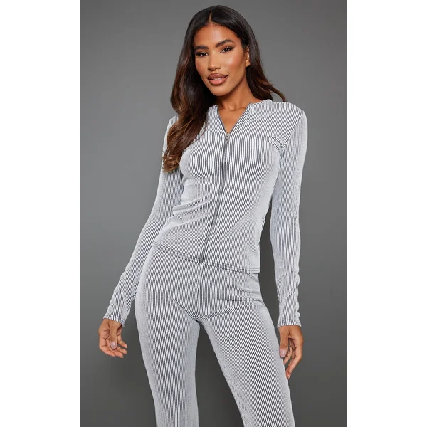 Light Grey Two Tone Rib Longline Zip Up Top