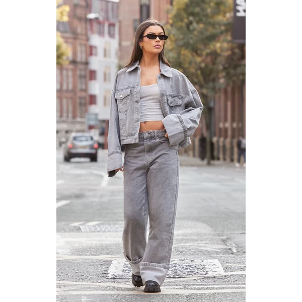 Light Grey Wash Turn Up Hem Wide Leg Jeans