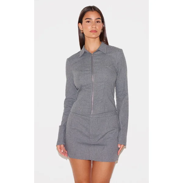 Light Grey Woven Tailored Pinstripe Ruched Zip Up Top