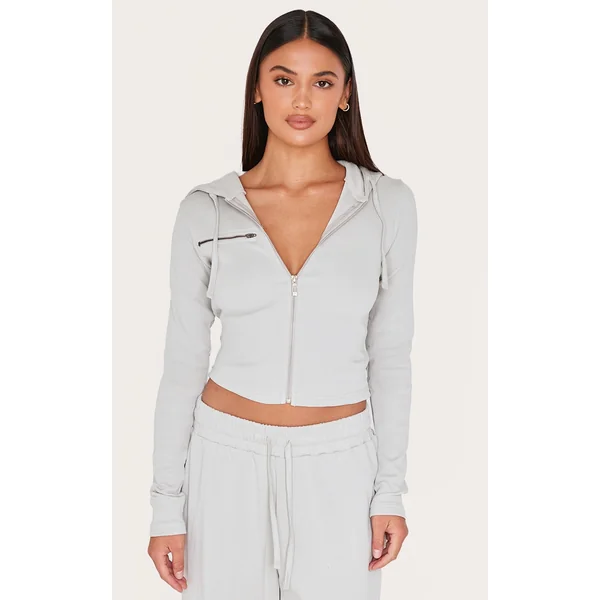 Light Grey Zip Up Ribbed Track Top