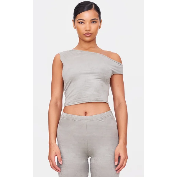 Light Khaki Faux Suede Asymmetric Crop Top
