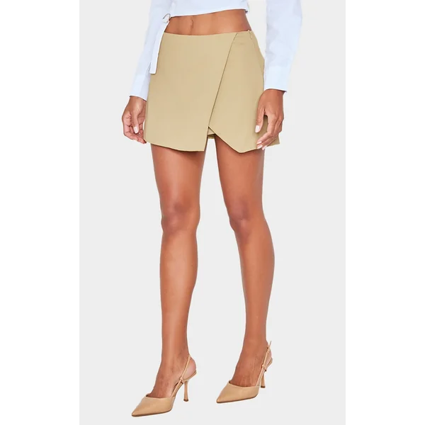 Light Khaki Tailored Woven Wrap Front Skort