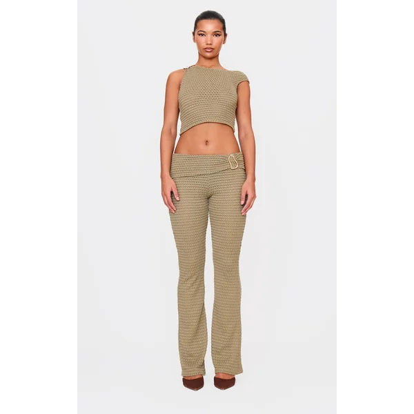 Light Khaki Textured Trim Detail Low Rise Skinny Flares