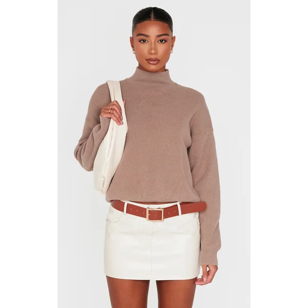 Light Mocha Soft Knit High Neck Oversized Sweater
