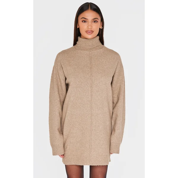 Light Mocha Soft Knit Roll Neck Oversized Seam Detail Sweater Dress