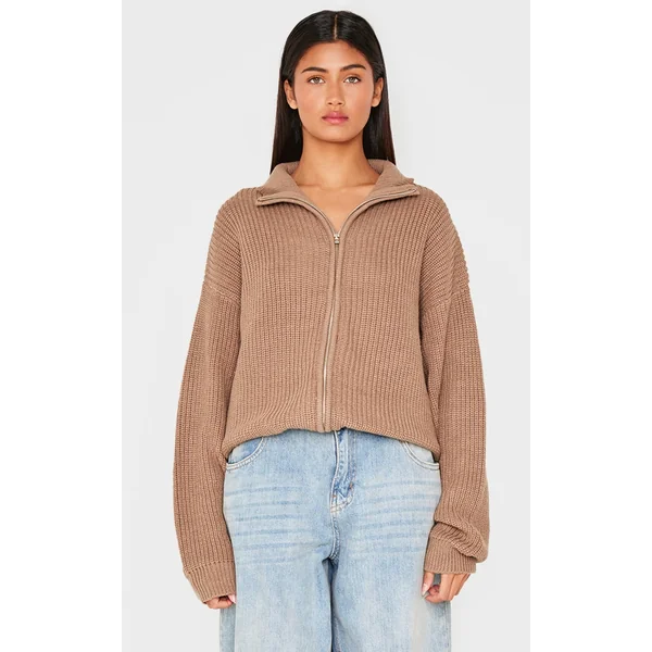 Light Mocha Thick Rib Knit Zip Up Cardigan