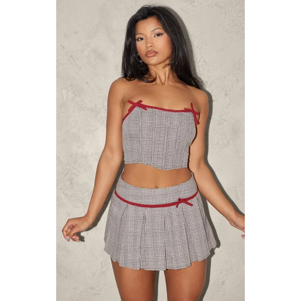 Light Mocha Woven Houndstooth Bow Boned Corset