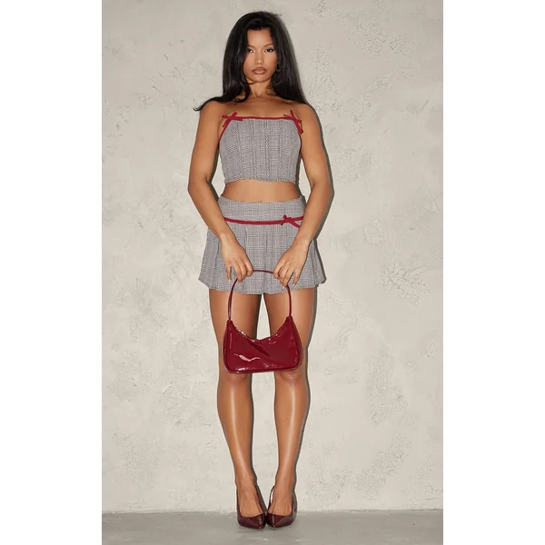 Light Mocha Woven Houndstooth Bow Skater Skirt