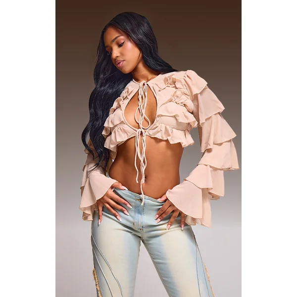 Light Nude Chiffon Ruffle Tie Detail Crop Top