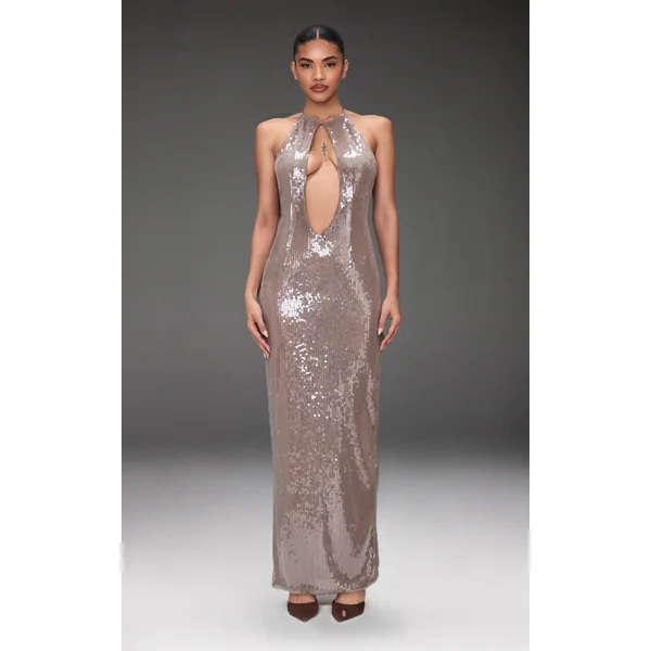Light Nude Sequin High Neck Plunge Maxi Dress
