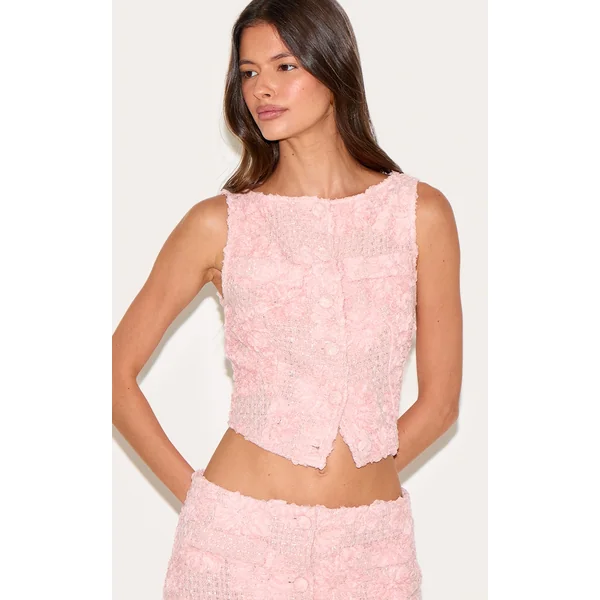Light Pink Floral Boucle Button Up Vest