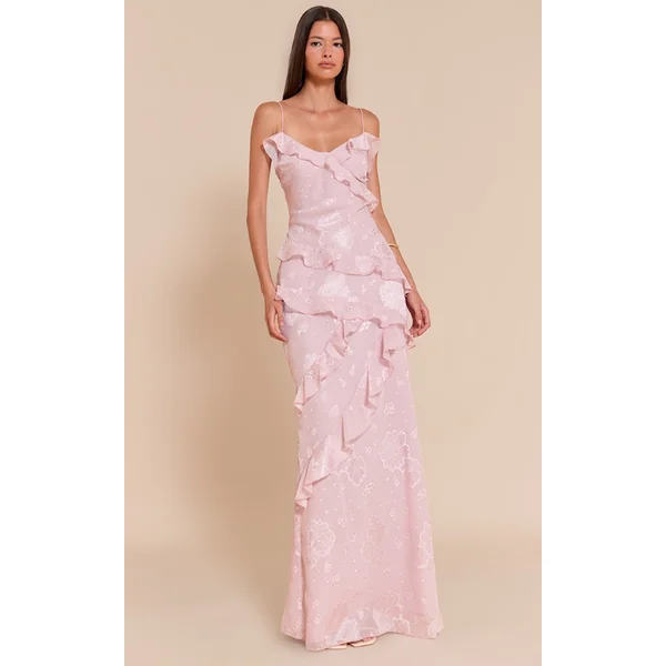 Light Pink Floral Embroidered Frill Maxi Dress