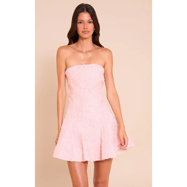 Light Pink Floral Jacquard Boucle Skater Dress