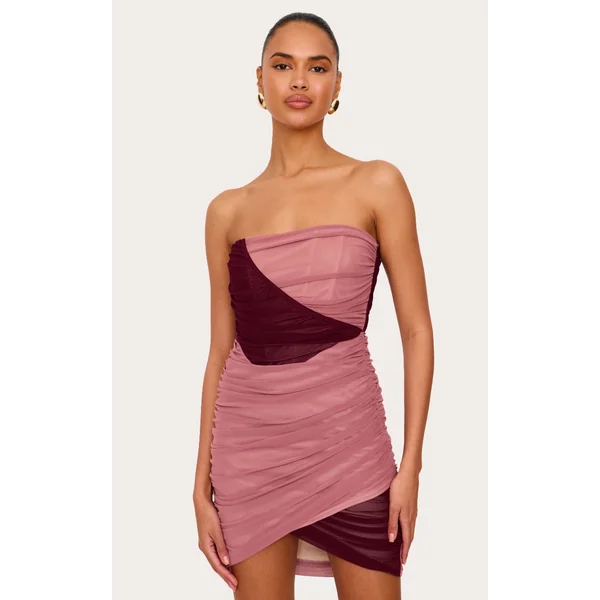 Light Pink Mesh Contrast Bandeau Mini Dress