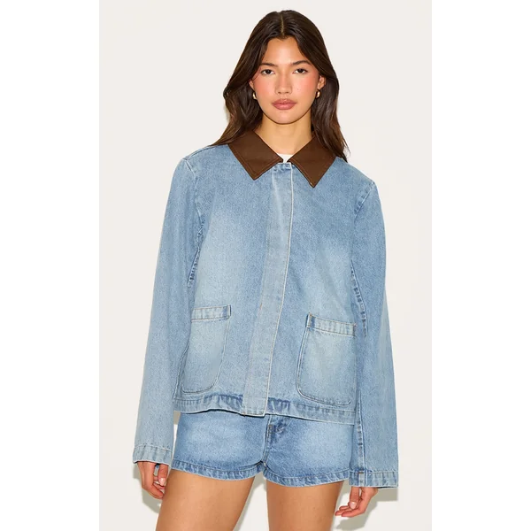Light Vintage Blue Brown Collar Denim Jacket