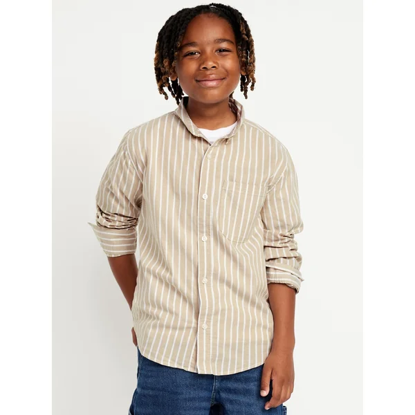 Lightweight Built-in Flex Oxford Shirt for Boys - Khaki Stripe