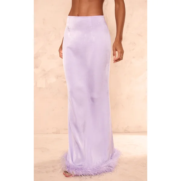 Lilac Feather Trim Satin Maxi Skirt