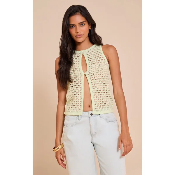 Lime Crochet Knit Cut Out Pearled Button Vest Top