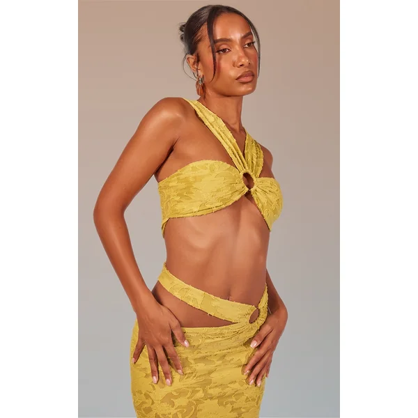 Lime Green Floral Sheer Burnout Ring Detail Crop Top