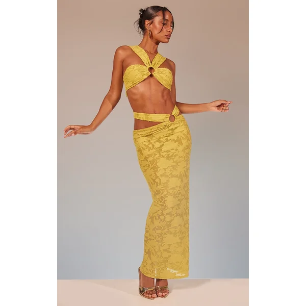 Lime Green Floral Sheer Burnout Ring Detail Maxi Skirt