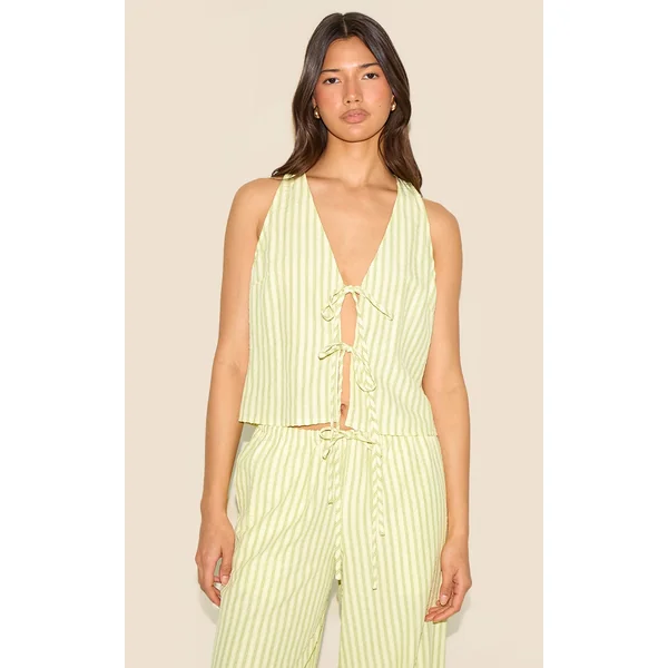 Lime Green Striped Sleeveless Tie Front Top