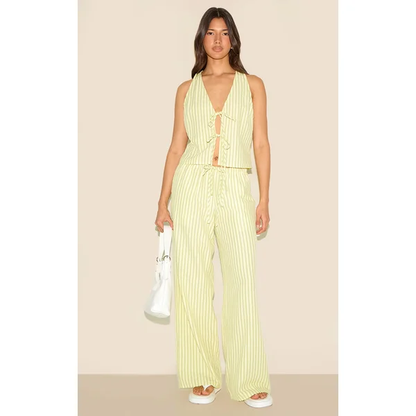 Lime Green Striped Tie Waist Straight Leg Pant