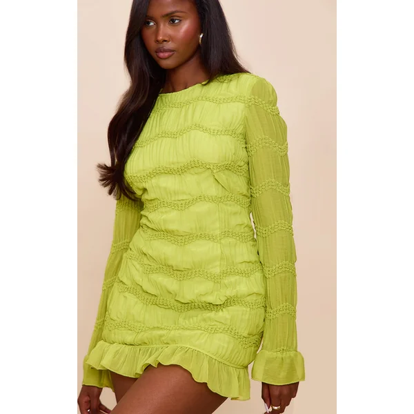 Lime Textured Long Sleeve Boat Neck Mini Dress