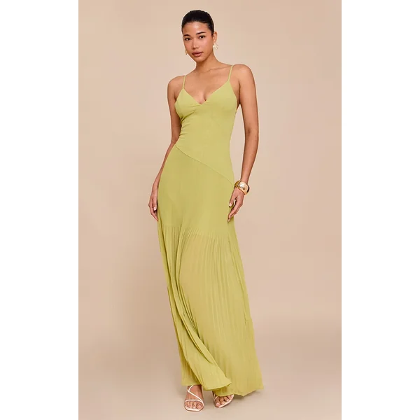 Lime Woven Pleated Hem Detail Spaghetti Maxi Dress