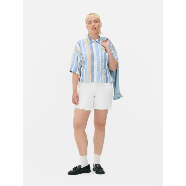 Linen Blend Cropped Shirt - Blue