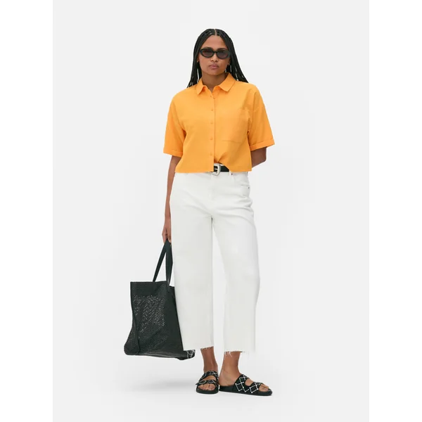 Linen Blend Cropped Shirt - Orange