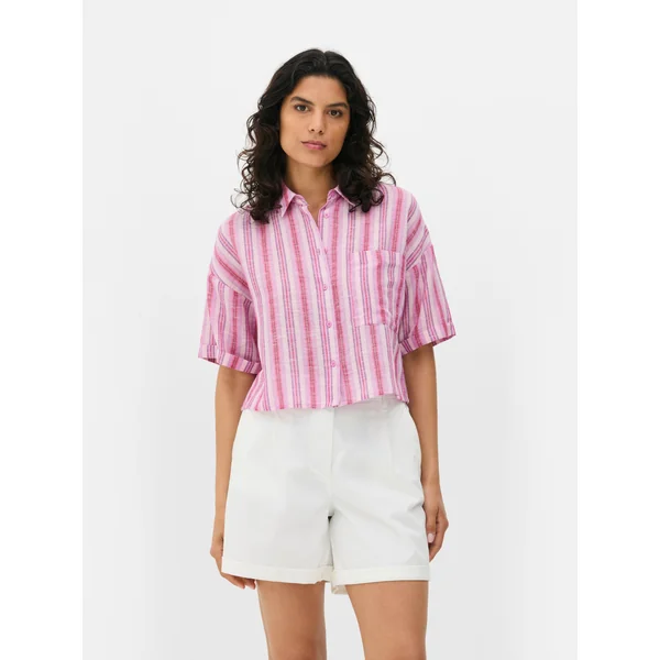Linen Blend Cropped Shirt - Pink