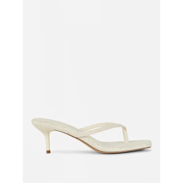 Linen Kitten Heel Sandals - Beige