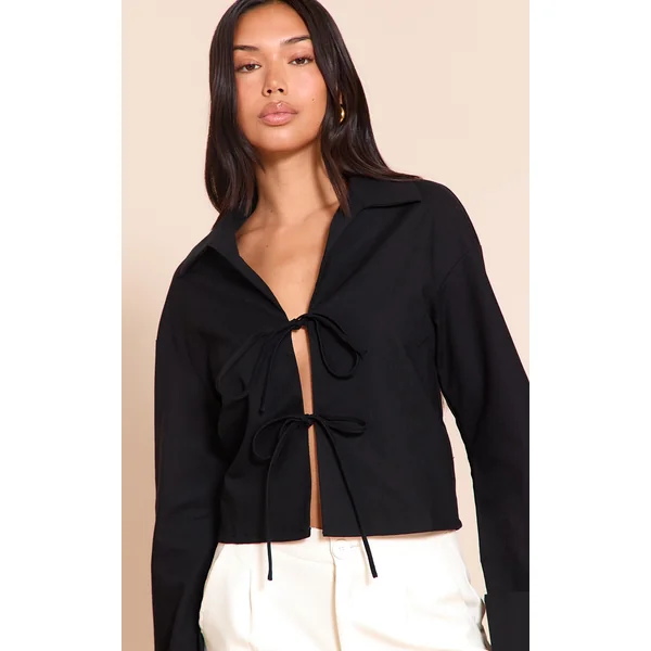 Linen Look Tie Front Structured Shirt