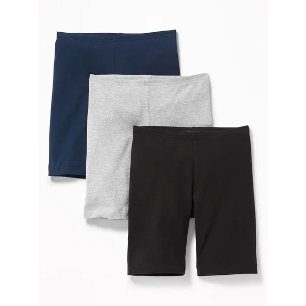 Long Jersey Biker Shorts 3-Pack For Girls - Navy Blue/Black/Heather Gray