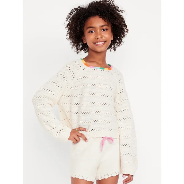 Long-Sleeve Crochet Sweater-Knit Top for Girls - Creme De La Creme