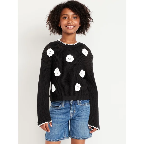 Long-Sleeve Crochet-Floral Sweater for Girls - Black and White Floral