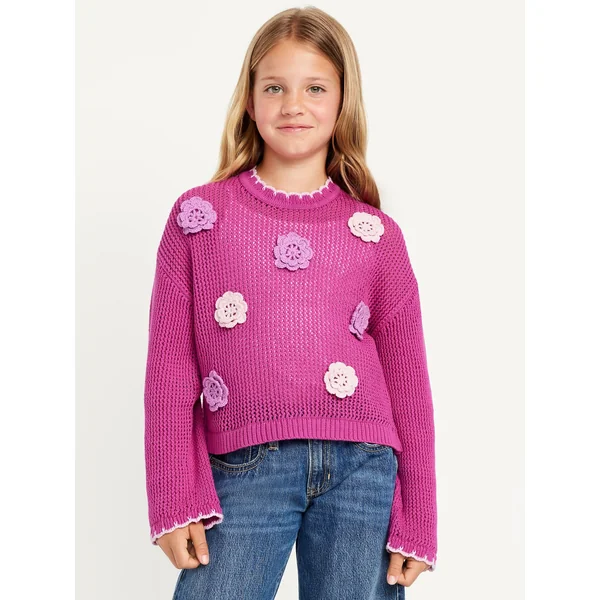 Long-Sleeve Crochet-Floral Sweater for Girls - Multi Floral