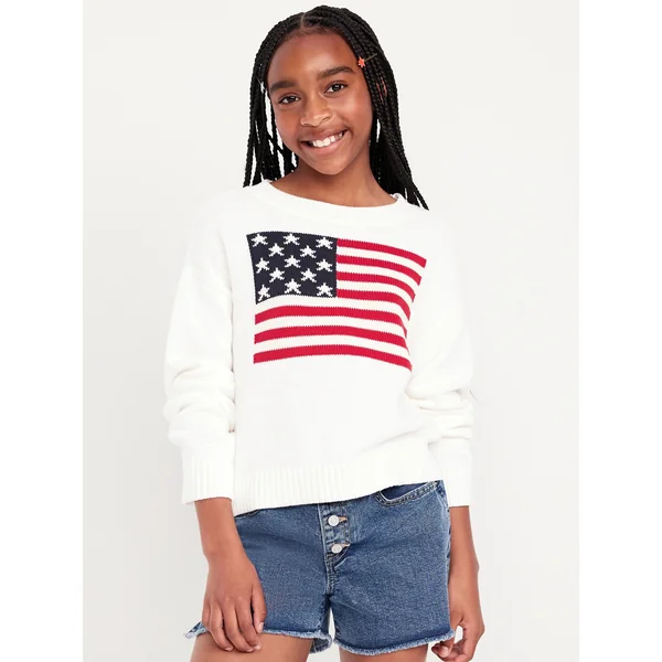 Long-Sleeve Flag-Graphic Sweater for Girls - Creme De La Creme