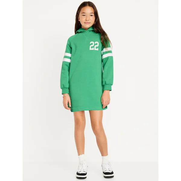 Long-Sleeve Hooded Fleece Dress for Girls - Emerald Reef