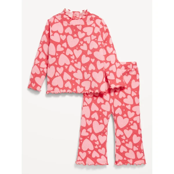 Long-Sleeve Plush Ribbed Top and Flare Pants Set for Baby - Hearts
