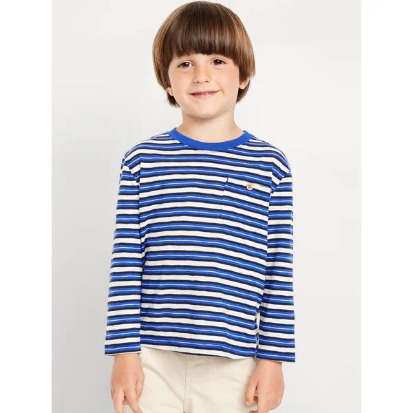 Long-Sleeve Pocket T-Shirt for Toddler Boys - Blue Stripe