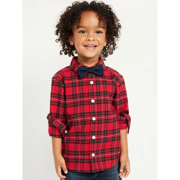 Long-Sleeve Printed Shirt and Bow-Tie Set for Toddler Boys - Red Plaid