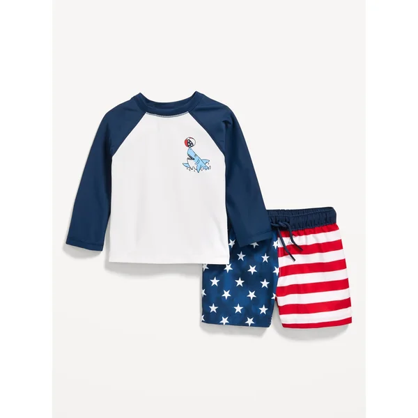 Long-Sleeve Rashguard Swim Top and Shorts Set for Baby - Americana