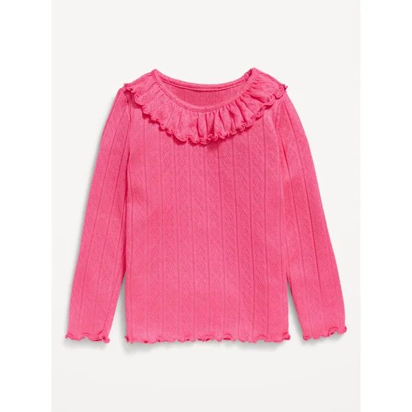 Long-Sleeve Ruffle-Trim Pointelle-Knit Top for Toddler Girls - Pink Premier
