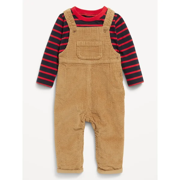 Long-Sleeve T-Shirt and Corduroy Overalls Set for Baby - Red Stripe/Corduroy